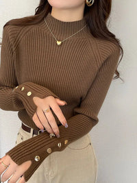 SaneShoppe - Autumn Winter Sweater Women Pullovers Long Sleeve Tops Clothes Slim Knit Soft Jumper Streetwear Button Turtleneck Sweater
