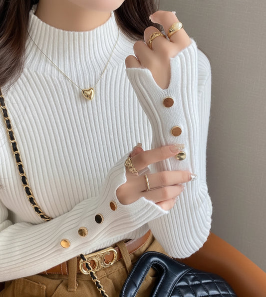 SaneShoppe - Autumn Winter Sweater Women Pullovers Long Sleeve Tops Clothes Slim Knit Soft Jumper Streetwear Button Turtleneck Sweater