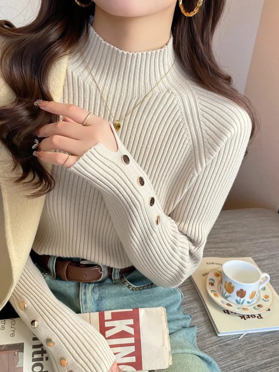 SaneShoppe - Autumn Winter Sweater Women Pullovers Long Sleeve Tops Clothes Slim Knit Soft Jumper Streetwear Button Turtleneck Sweater