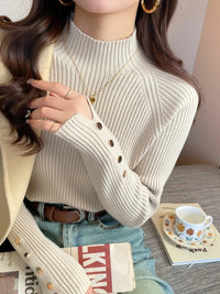SaneShoppe - Autumn Winter Sweater Women Pullovers Long Sleeve Tops Clothes Slim Knit Soft Jumper Streetwear Button Turtleneck Sweater
