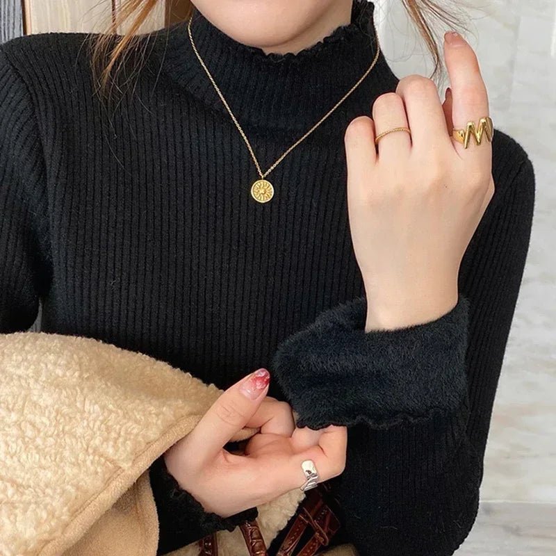 SaneShoppe - Autumn Winter Women Ruffles Mock Neck Sweater Thicken Fleece Warm Thermal Pullover For Women Cashmere Sweater 2024