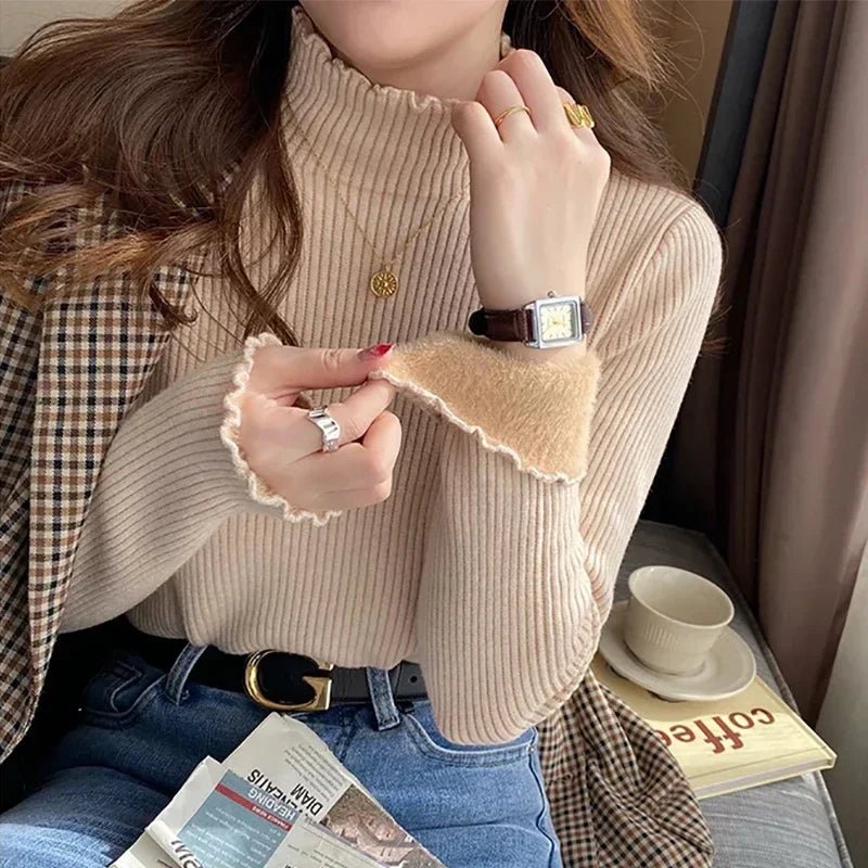 SaneShoppe - Autumn Winter Women Ruffles Mock Neck Sweater Thicken Fleece Warm Thermal Pullover For Women Cashmere Sweater 2024