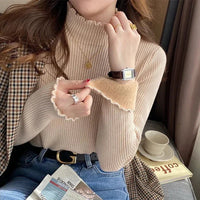 SaneShoppe - Autumn Winter Women Ruffles Mock Neck Sweater Thicken Fleece Warm Thermal Pullover For Women Cashmere Sweater 2024