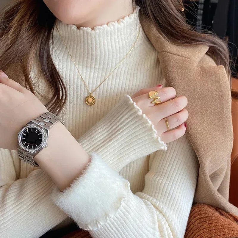 SaneShoppe - Autumn Winter Women Ruffles Mock Neck Sweater Thicken Fleece Warm Thermal Pullover For Women Cashmere Sweater 2024