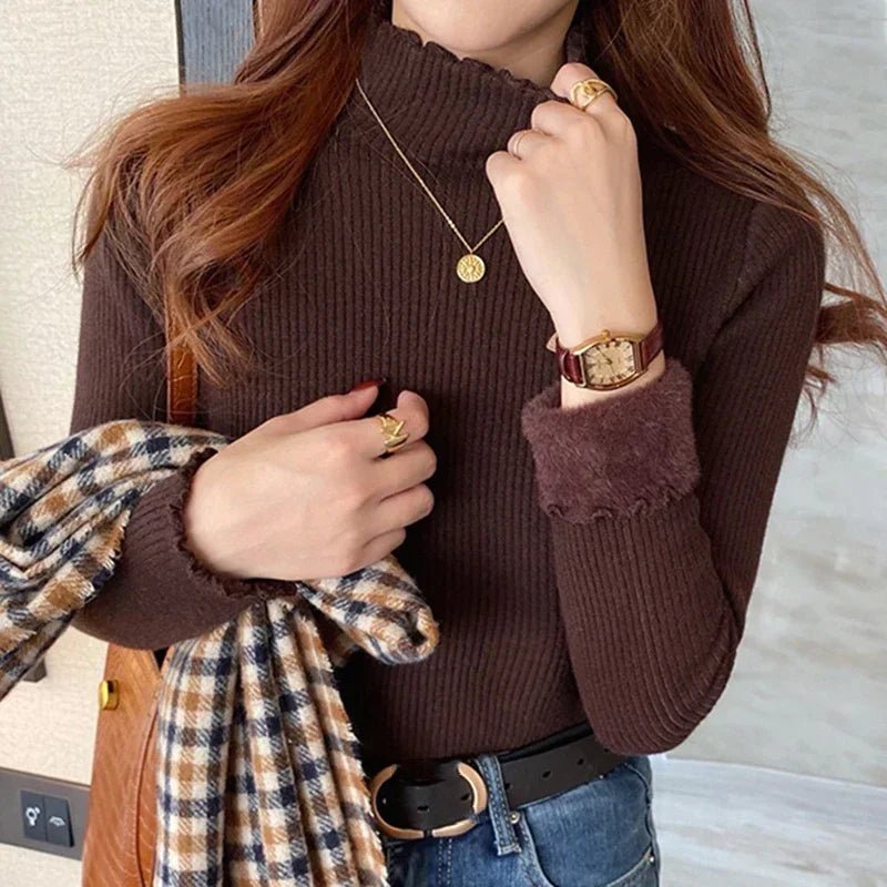 SaneShoppe - Autumn Winter Women Ruffles Mock Neck Sweater Thicken Fleece Warm Thermal Pullover For Women Cashmere Sweater 2024