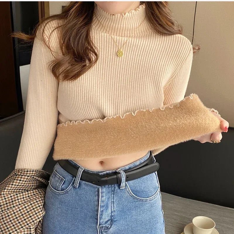 SaneShoppe - Autumn Winter Women Ruffles Mock Neck Sweater Thicken Fleece Warm Thermal Pullover For Women Cashmere Sweater 2024