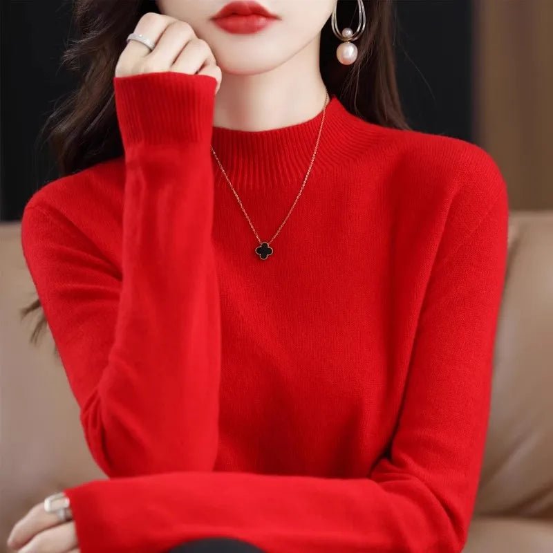 SaneShoppe - Autumn Winter Women Sweater Korean Fashion Warm Bottoming Shirts Half High Collar Basic Knitwear Solid Long Sleeve Pullovers