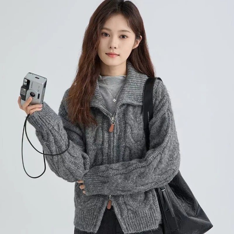 SaneShoppe - Autumn/Winter Twist Double Zipper Cardigan Sweater Women Turtleneck Loose Retro Knitted Jackets New Casual Solid Office Clothing