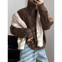 SaneShoppe - Autumn/Winter Twist Double Zipper Cardigan Sweater Women Turtleneck Loose Retro Knitted Jackets New Casual Solid Office Clothing