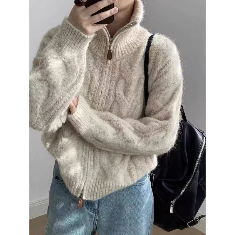SaneShoppe - Autumn/Winter Twist Double Zipper Cardigan Sweater Women Turtleneck Loose Retro Knitted Jackets New Casual Solid Office Clothing
