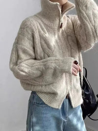 SaneShoppe - Autumn/Winter Twist Double Zipper Cardigan Sweater Women Turtleneck Loose Retro Knitted Jackets New Casual Solid Office Clothing
