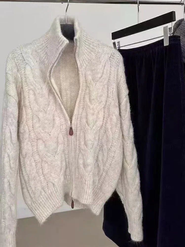 SaneShoppe - Autumn/Winter Twist Double Zipper Cardigan Sweater Women Turtleneck Loose Retro Knitted Jackets New Casual Solid Office Clothing