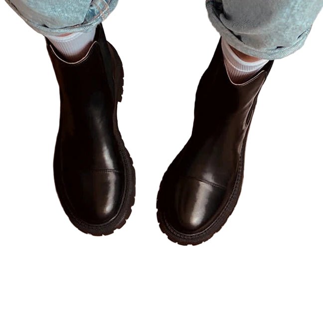 SaneShoppe - BeauToday Ankle Boots Platform Women Cow Leather Chelsea Boots Round Toe Elastic Band Thick Sole Ladies Shoes Handmade 02379