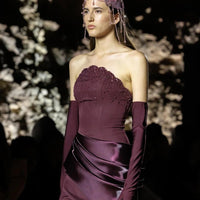 SaneShoppe - Bella Customized Burgundy Strapless Prom Dress Sequin Bodice Satin Draped Mermaid Floor Length With Long Gloves robes de soirée