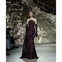 SaneShoppe - Bella Customized Burgundy Strapless Prom Dress Sequin Bodice Satin Draped Mermaid Floor Length With Long Gloves robes de soirée