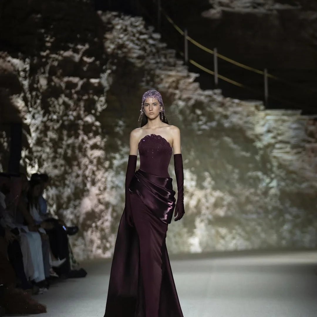 SaneShoppe - Bella Customized Burgundy Strapless Prom Dress Sequin Bodice Satin Draped Mermaid Floor Length With Long Gloves robes de soirée