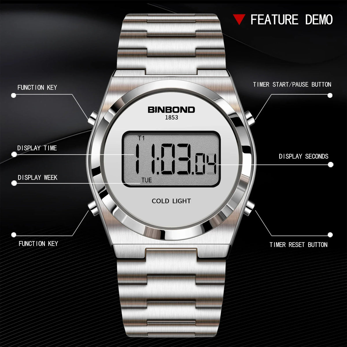 SaneShoppe-BINBOND Luxury LED Digital Men's Stainless Steel Sports Watch