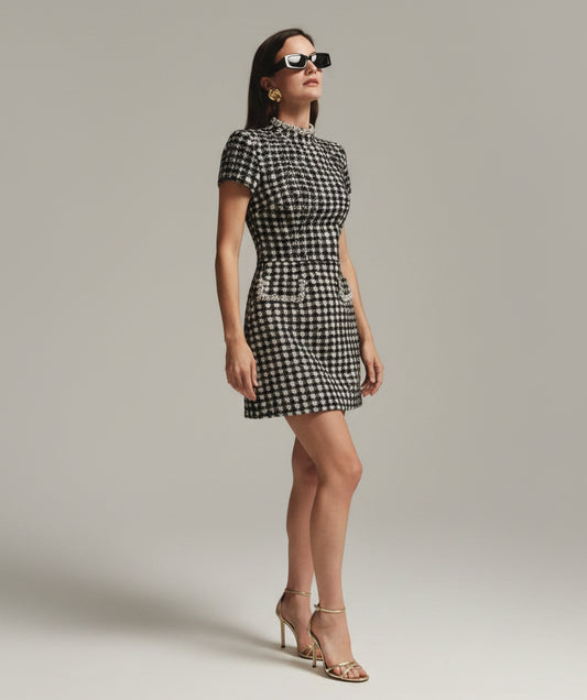 SaneShoppe - Black And White Plaid Slim Mini Dresses Women Temperament Elegant Bodycon Party Banquet Short Dress Lady Short Sleeves Vestidos