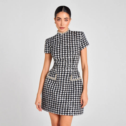 SaneShoppe - Black And White Plaid Slim Mini Dresses Women Temperament Elegant Bodycon Party Banquet Short Dress Lady Short Sleeves Vestidos