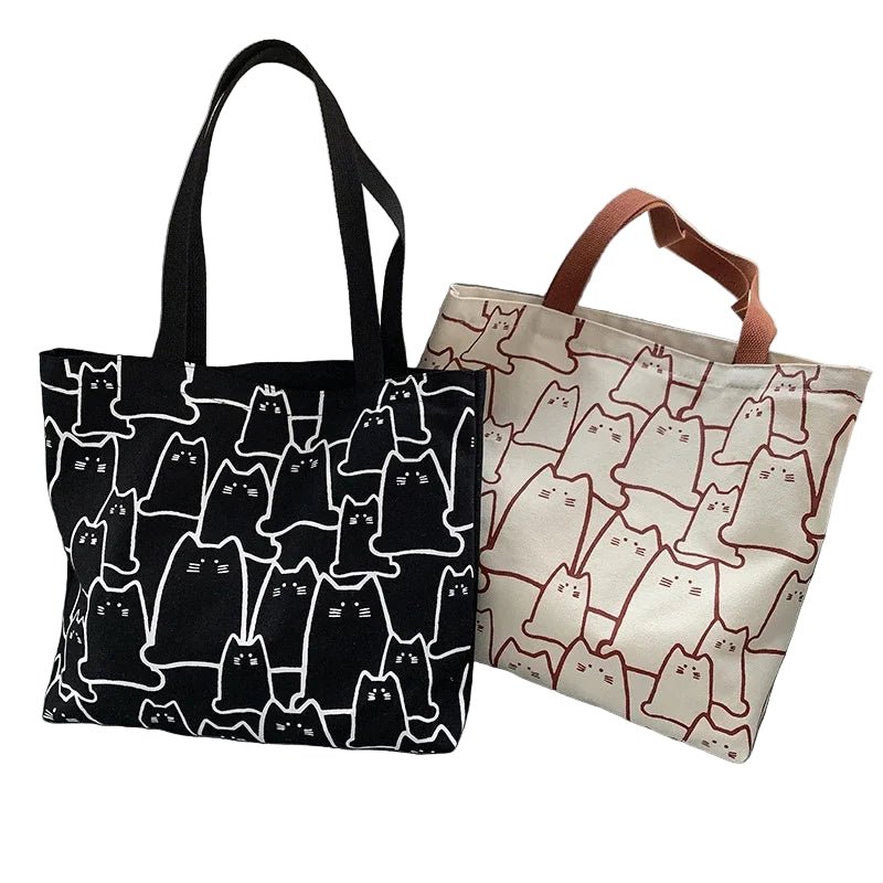 SaneShoppe - Canvas Bags Handbag for Women Shopper Cute Cat Tote Bag with Zipper Designer Bag Japanese Style Cartoon Small Shoulder