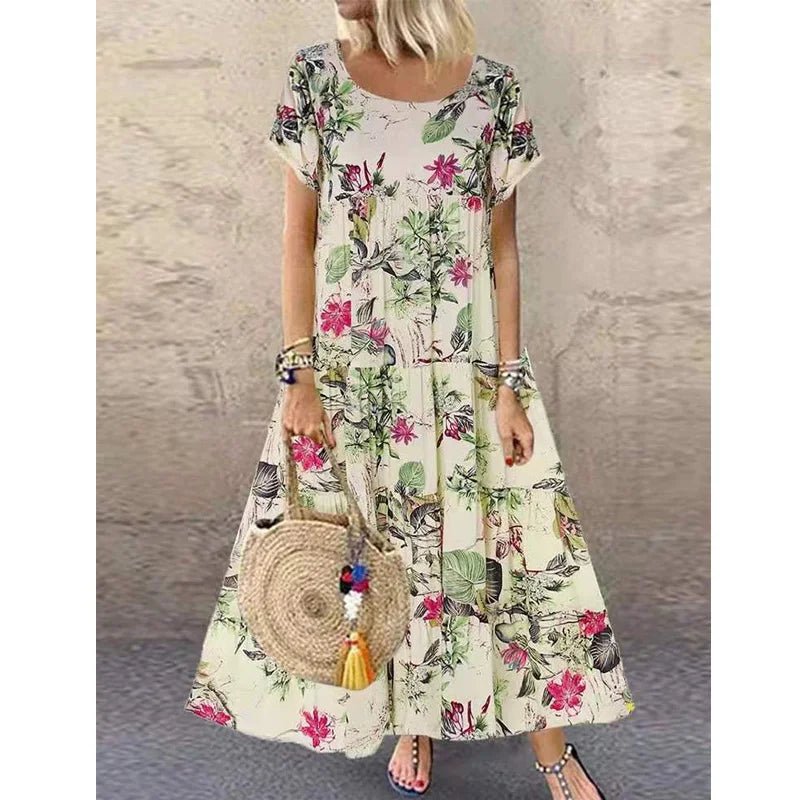 SaneShoppe - Casual Short Sleeved O - neck Floral Print Dress Summer Countryside Style Loose Long Dresses Plus Size Women's Clothing 9911