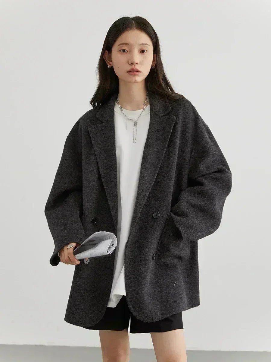 SaneShoppe-Women's Woolen Double Breasted Coat Office Lady Outerwear Autumn Winter 2026