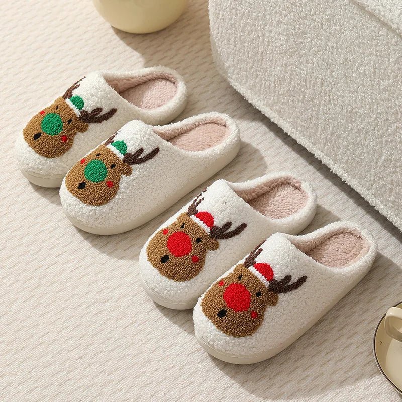 SaneShoppe - Christmas Elk Warm Cotton Slippers Women Winter Comfortable Home Slides Cute Furry Reindeer Warm Plush Sandals for Men Women