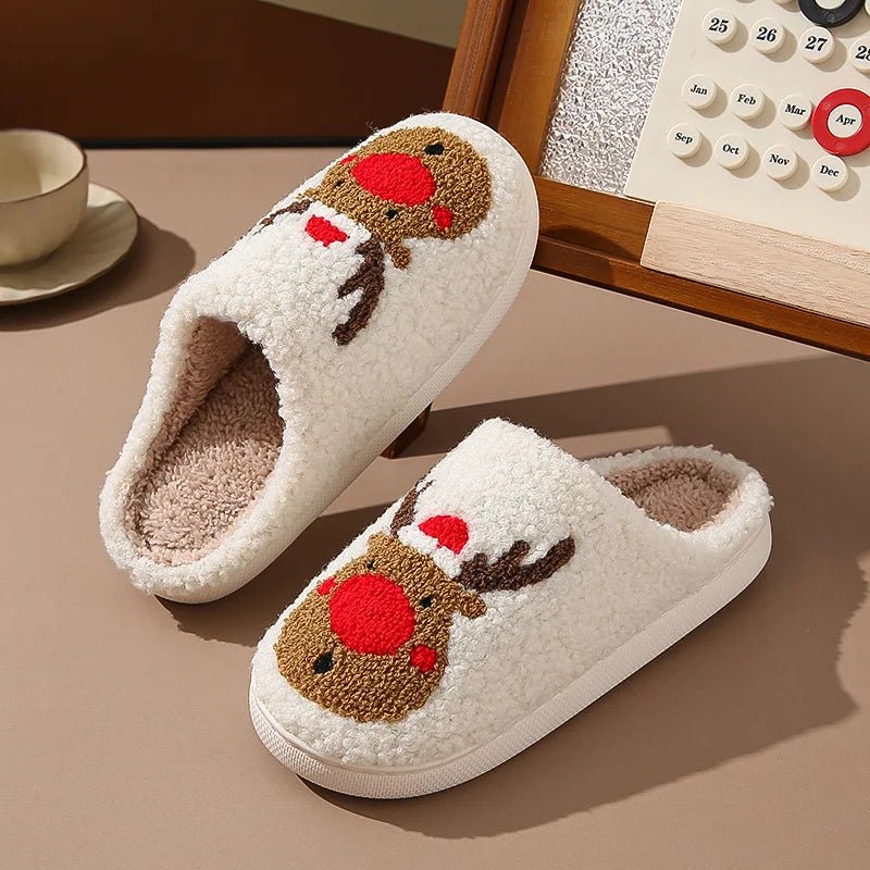 SaneShoppe - Christmas Elk Warm Cotton Slippers Women Winter Comfortable Home Slides Cute Furry Reindeer Warm Plush Sandals for Men Women