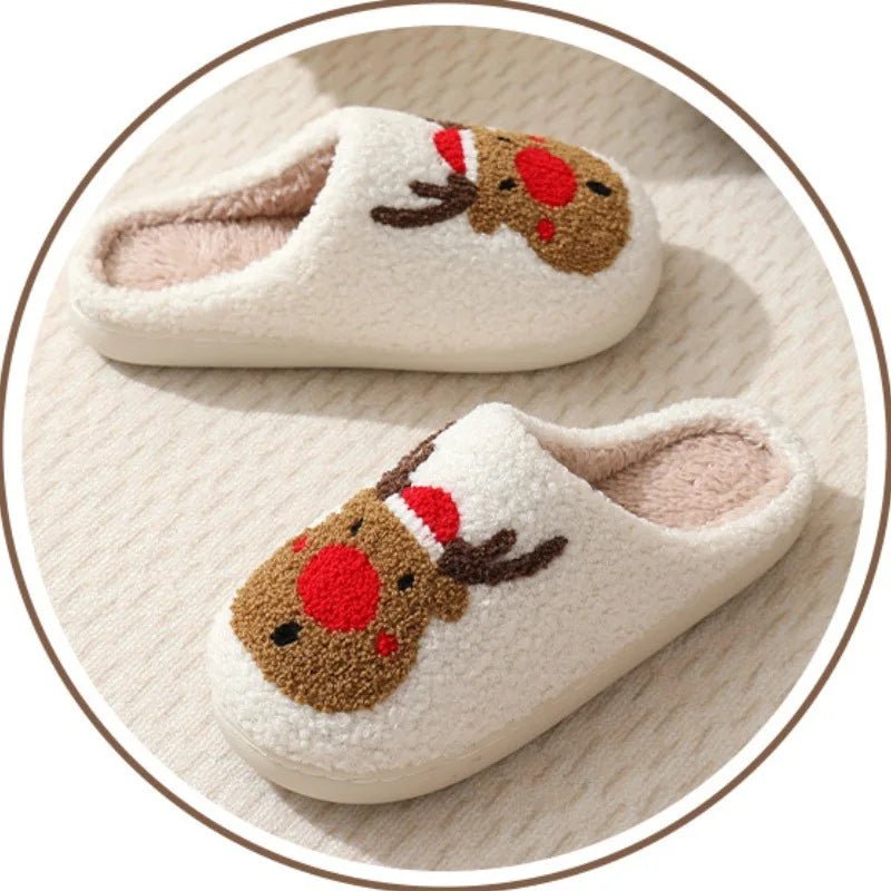 SaneShoppe - Christmas Elk Warm Cotton Slippers Women Winter Comfortable Home Slides Cute Furry Reindeer Warm Plush Sandals for Men Women