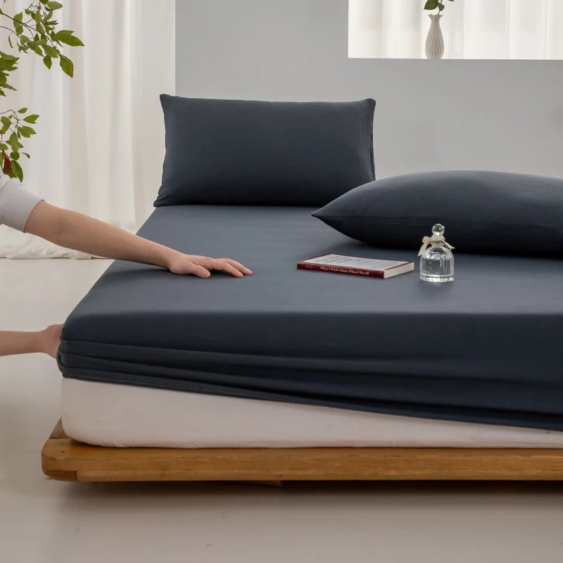 SaneShoppe - Cotton Fitted Bed Sheet with Elastic Band Solid Color Washed Cotton Mattress Cover for Single Double King Queen Bed 140/160/200
