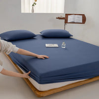 SaneShoppe - Cotton Fitted Bed Sheet with Elastic Band Solid Color Washed Cotton Mattress Cover for Single Double King Queen Bed 140/160/200