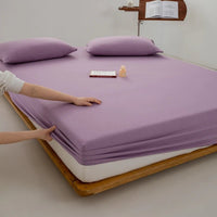 SaneShoppe - Cotton Fitted Bed Sheet with Elastic Band Solid Color Washed Cotton Mattress Cover for Single Double King Queen Bed 140/160/200