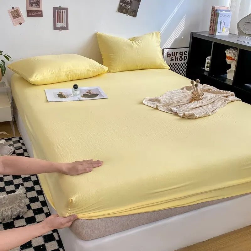 SaneShoppe - Cotton Fitted Bed Sheet with Elastic Band Solid Color Washed Cotton Mattress Cover for Single Double King Queen Bed 140/160/200
