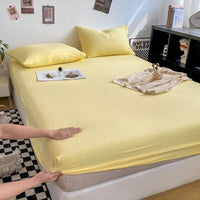 SaneShoppe - Cotton Fitted Bed Sheet with Elastic Band Solid Color Washed Cotton Mattress Cover for Single Double King Queen Bed 140/160/200