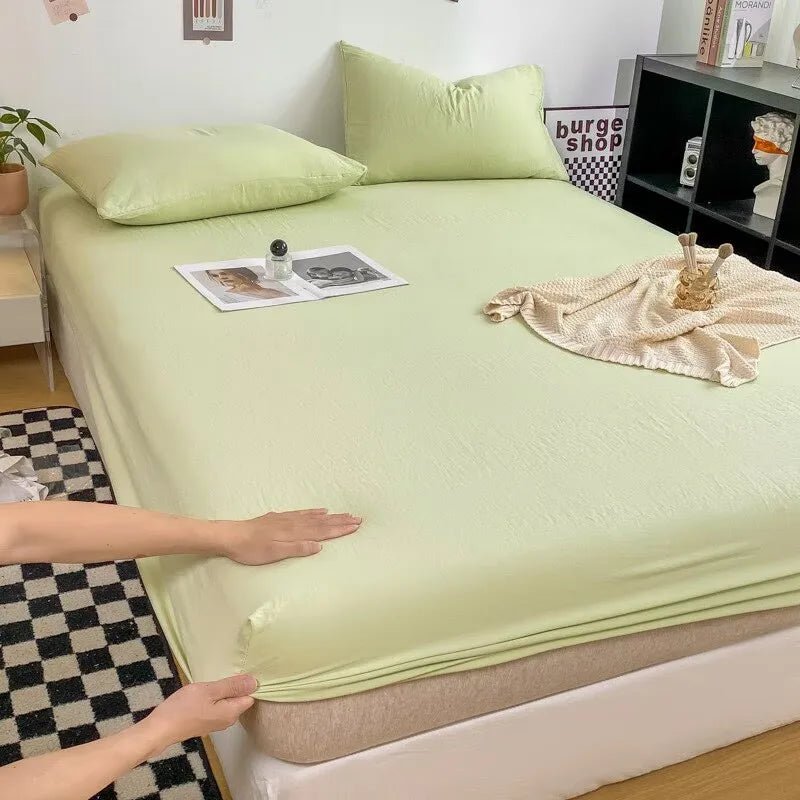 SaneShoppe - Cotton Fitted Bed Sheet with Elastic Band Solid Color Washed Cotton Mattress Cover for Single Double King Queen Bed 140/160/200