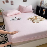SaneShoppe - Cotton Fitted Bed Sheet with Elastic Band Solid Color Washed Cotton Mattress Cover for Single Double King Queen Bed 140/160/200