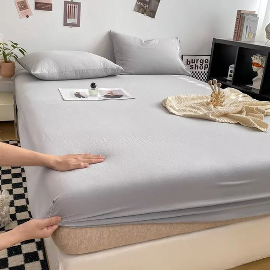 SaneShoppe - Cotton Fitted Bed Sheet with Elastic Band Solid Color Washed Cotton Mattress Cover for Single Double King Queen Bed 140/160/200