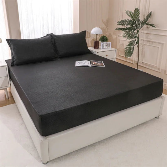 SaneShoppe - Cotton Fitted Bed Sheet with Elastic Band Solid Color Washed Cotton Mattress Cover for Single Double King Queen Bed 140/160/200