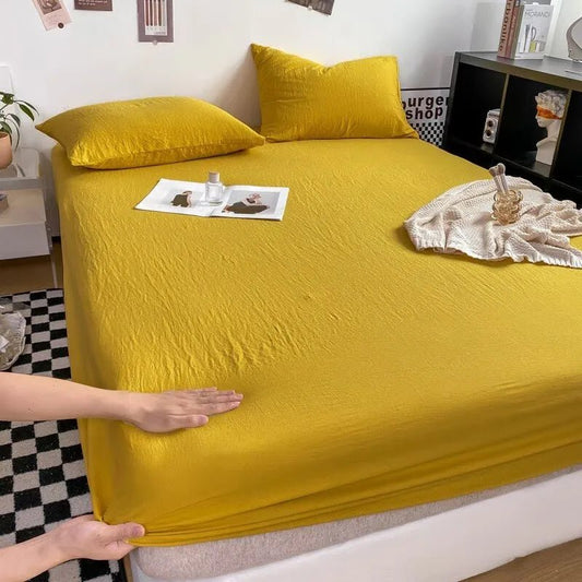 SaneShoppe - Cotton Fitted Bed Sheet with Elastic Band Solid Color Washed Cotton Mattress Cover for Single Double King Queen Bed 140/160/200