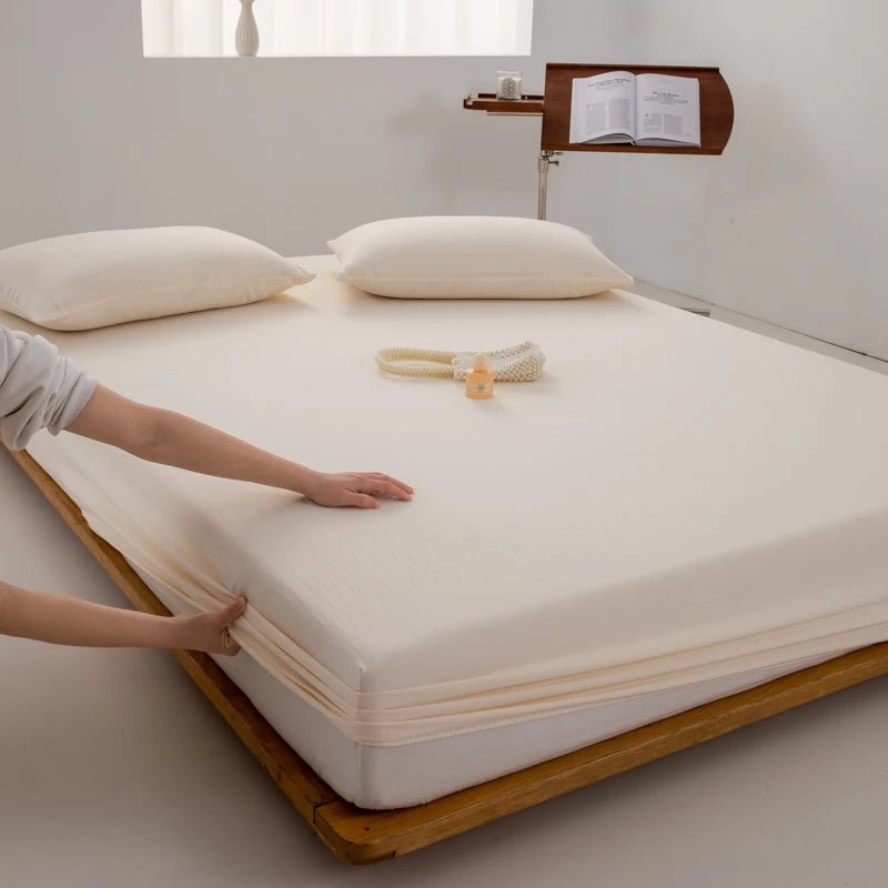 SaneShoppe - Cotton Fitted Bed Sheet with Elastic Band Solid Color Washed Cotton Mattress Cover for Single Double King Queen Bed 140/160/200