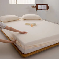 SaneShoppe - Cotton Fitted Bed Sheet with Elastic Band Solid Color Washed Cotton Mattress Cover for Single Double King Queen Bed 140/160/200