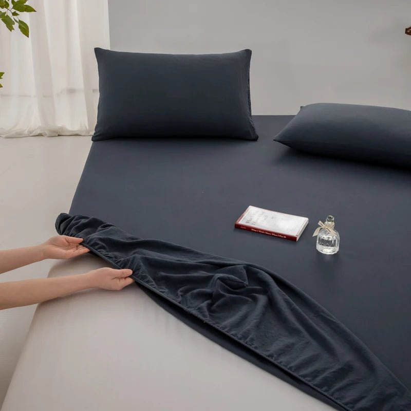 SaneShoppe - Cotton Fitted Bed Sheet with Elastic Band Solid Color Washed Cotton Mattress Cover for Single Double King Queen Bed 140/160/200
