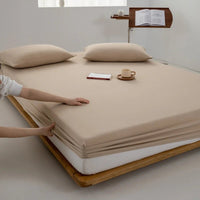 SaneShoppe - Cotton Fitted Bed Sheet with Elastic Band Solid Color Washed Cotton Mattress Cover for Single Double King Queen Bed 140/160/200