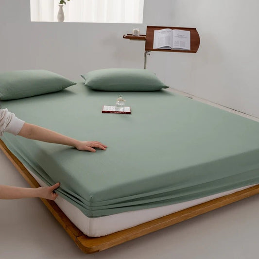 SaneShoppe - Cotton Fitted Bed Sheet with Elastic Band Solid Color Washed Cotton Mattress Cover for Single Double King Queen Bed 140/160/200