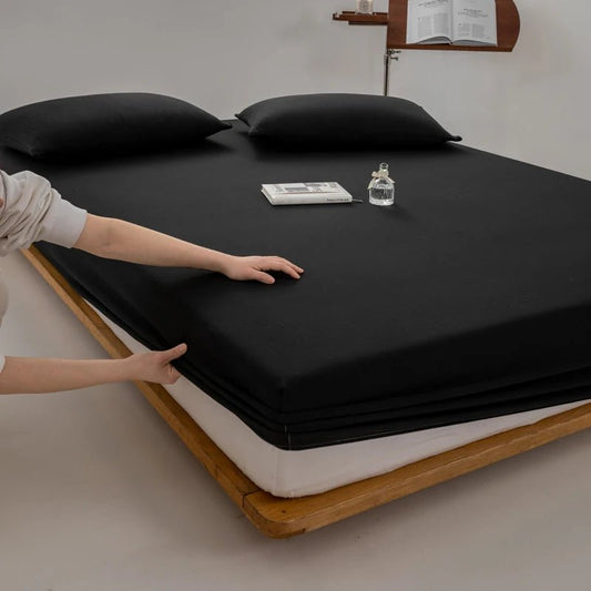 SaneShoppe - Cotton Fitted Bed Sheet with Elastic Band Solid Color Washed Cotton Mattress Cover for Single Double King Queen Bed 140/160/200