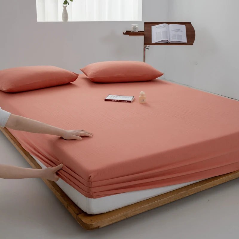 SaneShoppe - Cotton Fitted Bed Sheet with Elastic Band Solid Color Washed Cotton Mattress Cover for Single Double King Queen Bed 140/160/200