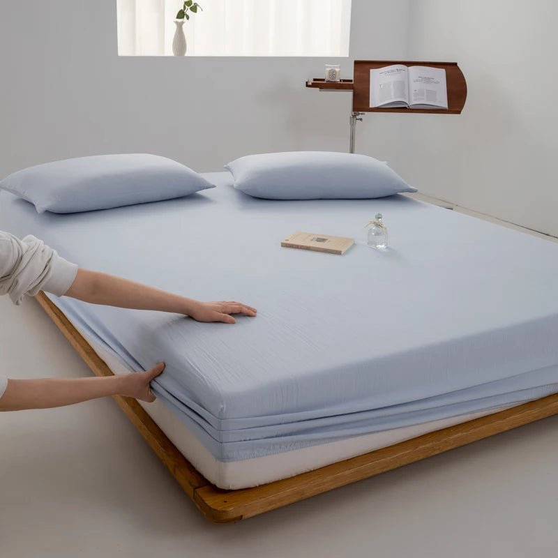 SaneShoppe - Cotton Fitted Bed Sheet with Elastic Band Solid Color Washed Cotton Mattress Cover for Single Double King Queen Bed 140/160/200
