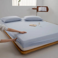 SaneShoppe - Cotton Fitted Bed Sheet with Elastic Band Solid Color Washed Cotton Mattress Cover for Single Double King Queen Bed 140/160/200