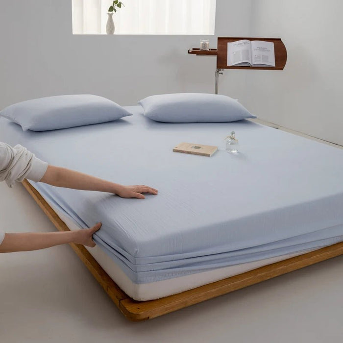 SaneShoppe - Cotton Fitted Bed Sheet with Elastic Band Solid Color Washed Cotton Mattress Cover for Single Double King Queen Bed 140/160/200