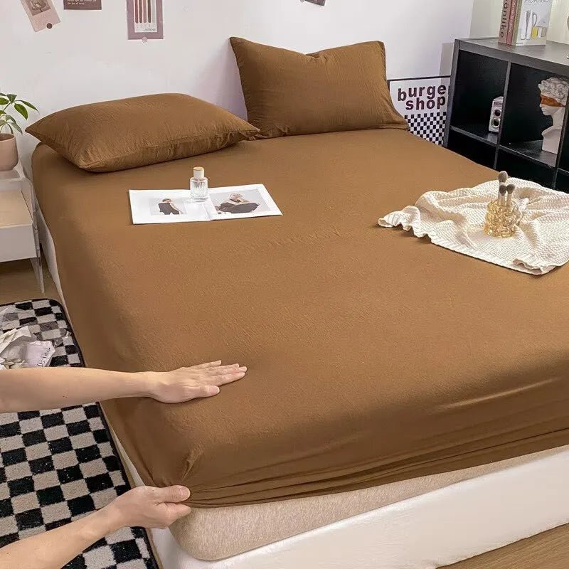 SaneShoppe - Cotton Fitted Bed Sheet with Elastic Band Solid Color Washed Cotton Mattress Cover for Single Double King Queen Bed 140/160/200